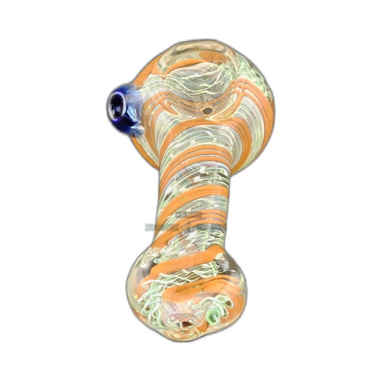 Inside-out borosilicate spoon pipe in El Paso, orange and green swirls with a blue choke, medium bowl, same-day pickup