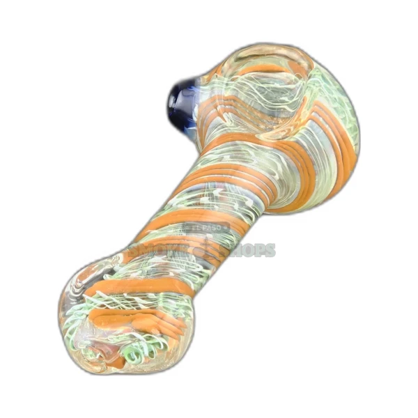 Colored spiral lining flat end glass spoon pipe in El Paso, clear base with orange and green swirls and a blue choke