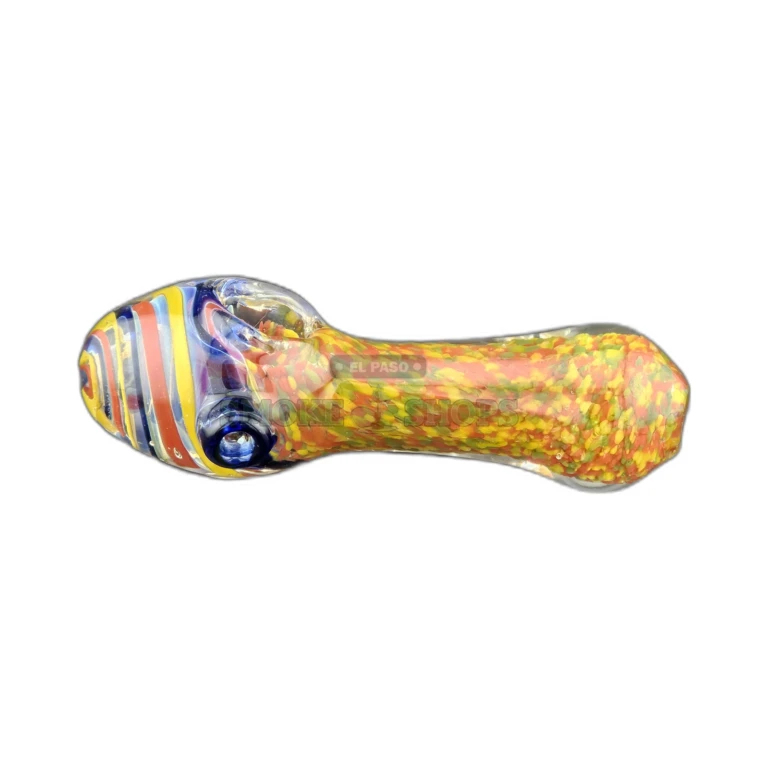 Conehead worked glass spoon hand pipe in El Paso, colored swirls on clear glass and rounded mouthpiece, in stock today