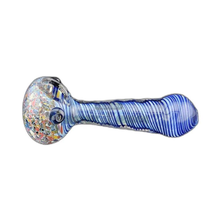 Cosmic Lake glass spoon pipe side view in El Paso, left-side 4mm carb hole and rounded mouthpiece, in stock today