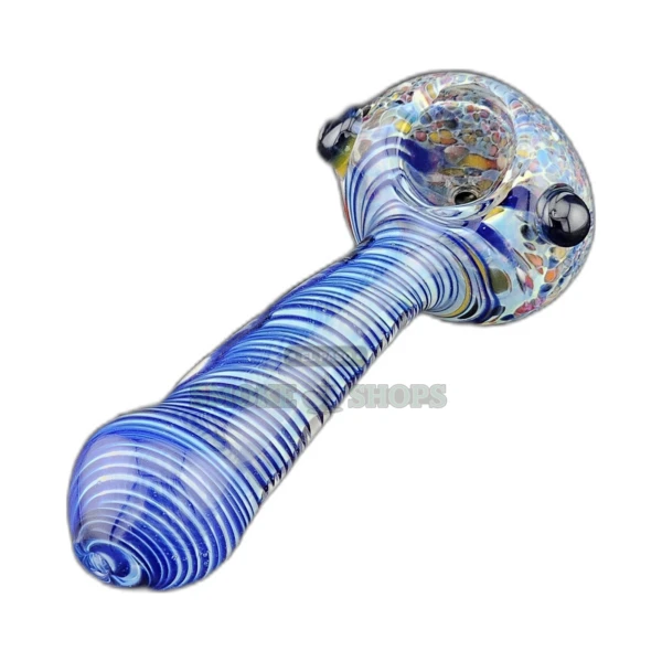 Cosmic Lake glass spoon pipe front view in El Paso, clear base with blue swirls and colored dots, about 4.5 inches