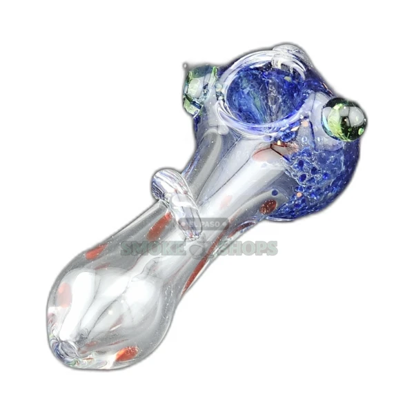 Frit Head VS5 glass spoon pipe in El Paso, clear stem with colored frit spots and blue-white head, about 4.5 inches