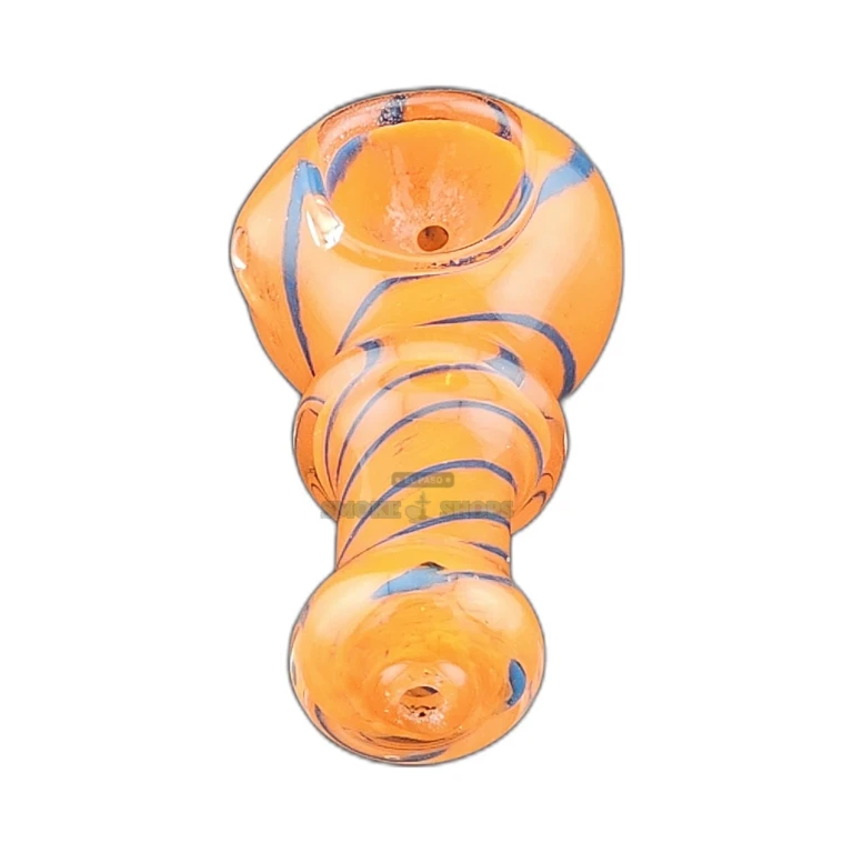 Orange and blue Frit Knub Spiral borosilicate glass spoon pipe in El Paso, round mouthpiece, same-day pickup