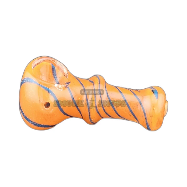Frit Knub Spiral glass spoon pipe side view in El Paso, orange base with blue swirls and medium bowl, in stock today