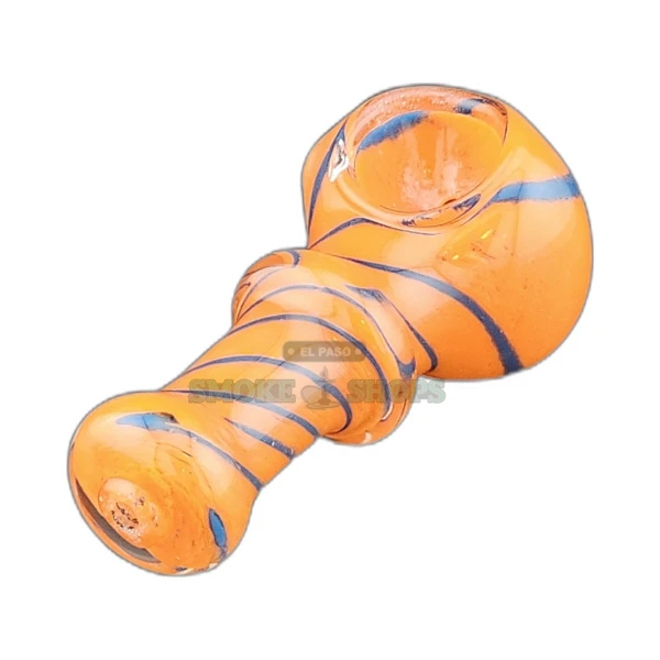 Frit Knub Spiral glass spoon pipe front view in El Paso, orange base with blue swirls and left-side carb, about 3 inches