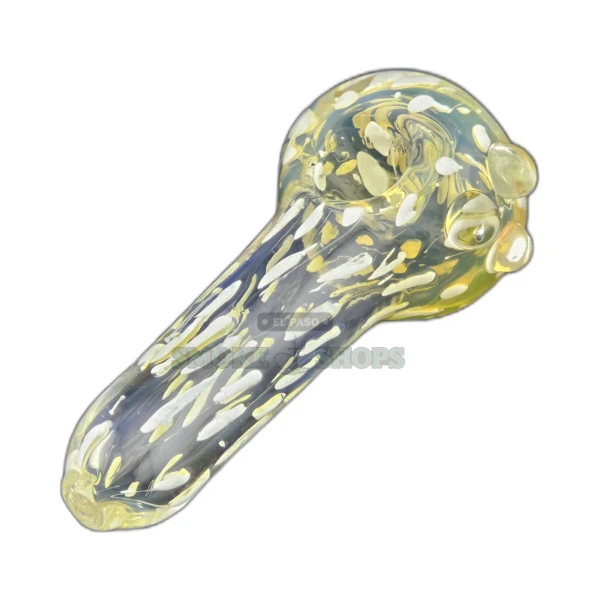 Fumed White Dotted glass spoon pipe front view in El Paso, white dots on a clear body, about 4.1 inches
