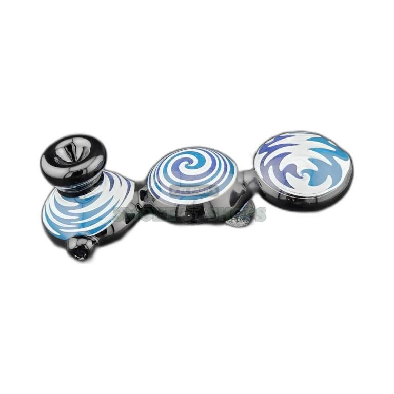 Grateful Trippy borosilicate glass spoon pipe side view in El Paso, white and teal wig wag banding, stands upright