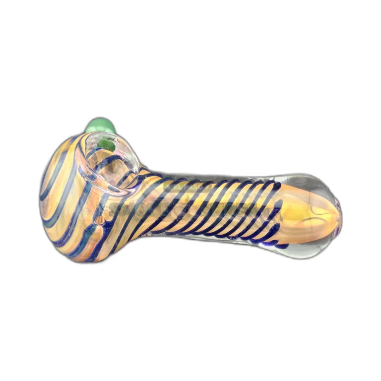 Colorful borosilicate glass spoon pipe in El Paso, 3mm wall and green nub, stands upright on its own