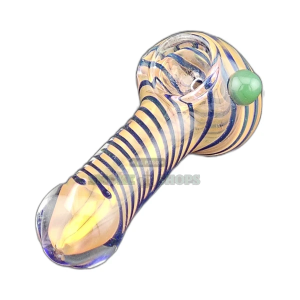 Green Knob Inside Gold Fume glass spoon pipe in El Paso, pink base with blue swirls and green nub, medium bowl