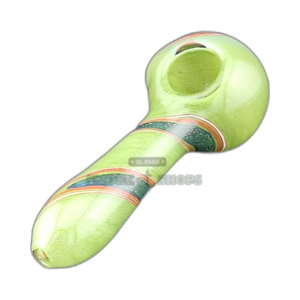 Green Pearly worked glass spoon pipe front view in El Paso, green base with red and blue swirls, medium bowl