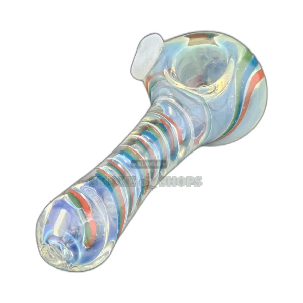 Inside Spiral Bead glass spoon pipe in El Paso, clear borosilicate body with green, red, and blue inside-out swirls