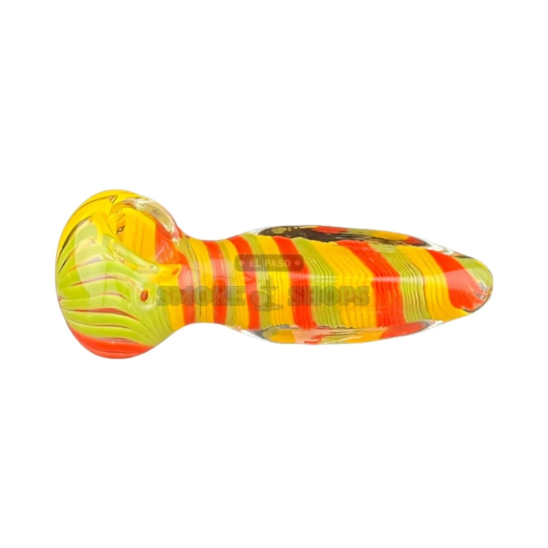 Red, yellow and green striped glass hand pipe in El Paso showing the tapered mouthpiece and short straight spoon stem