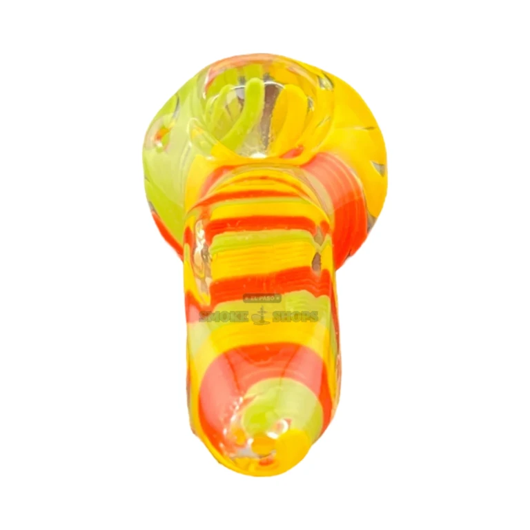 Glass spoon pipe in El Paso with a 4mm left-side carb hole and thick 3mm borosilicate walls, Jamaican flag stripe colors
