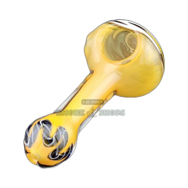 Long Grateful Swirl glass spoon pipe front view in El Paso, clear base with colored wigwag pattern and left carb