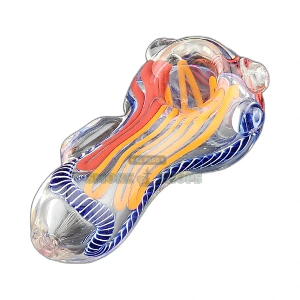 Mini String Flower glass spoon pipe in El Paso, clear borosilicate body with colored stripes and top bowl, front view