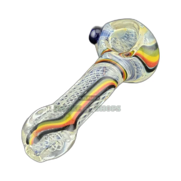 Multi color spiral glass spoon pipe in El Paso, clear borosilicate body with assorted colored swirl lining, about 4 inches