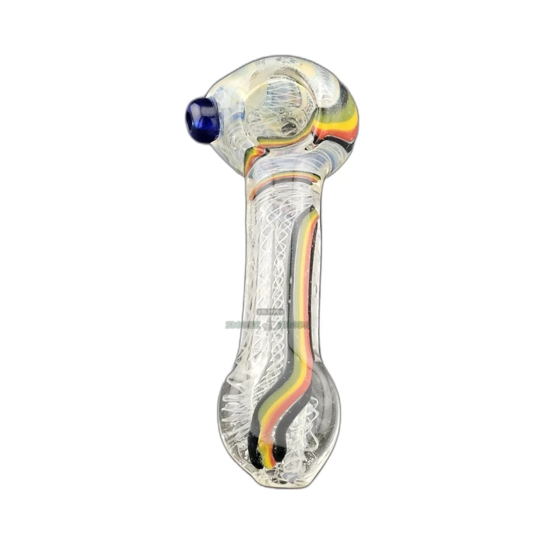 Multi color spiral glass spoon pipe mouthpiece view in El Paso, rounded tip and clear body that stands upright