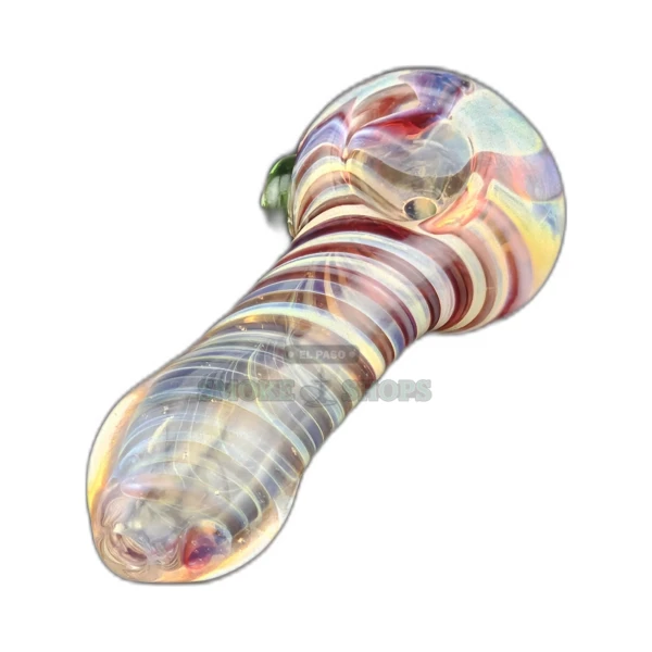Multicolored swirl glass spoon pipe front view in El Paso, clear base with red and orange swirls, about 3.8 inches