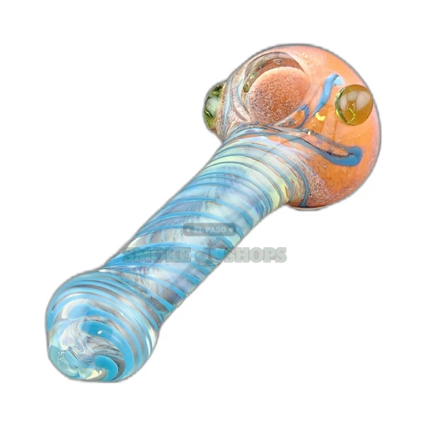 Netted Frit VS20 glass spoon pipe in El Paso, clear base with red swirls and colored head, left-side carb hole