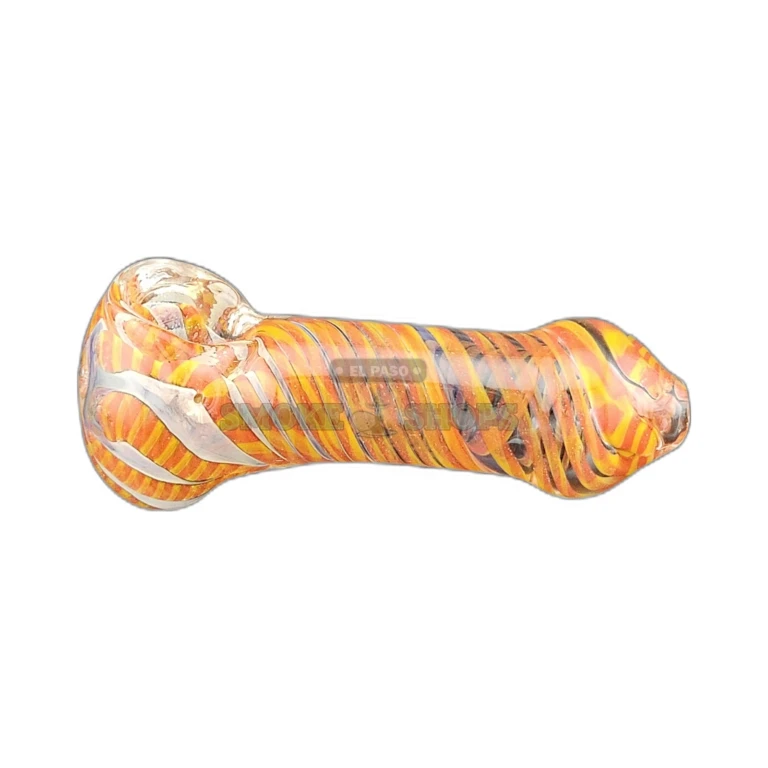 Clear glass spoon hand pipe with orange and yellow swirls in El Paso, 1mm left-side carb hole, in stock today