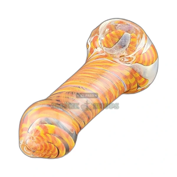 Orange Swirl glass spoon pipe front view in El Paso, clear glass with orange and yellow swirls and a side carb hole