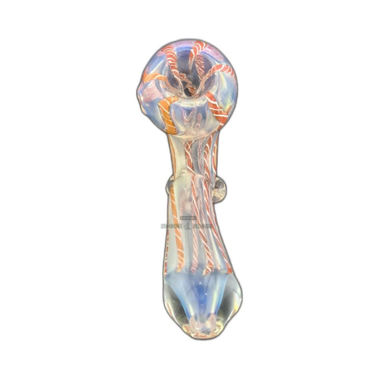 Petal Head clear glass spoon pipe side view in El Paso, red and white lines with rounded mouthpiece, pickup today