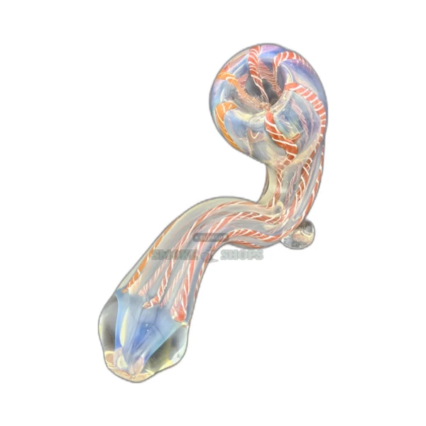 Petal Head glass spoon pipe in El Paso, clear borosilicate body with red and white lines, medium bowl, about 5 inches