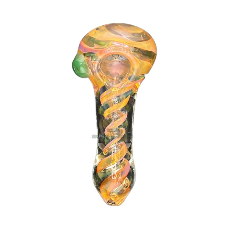Pink Fusilli glass spoon pipe bowl close-up in El Paso, medium bowl for tobacco use, stands upright on its own
