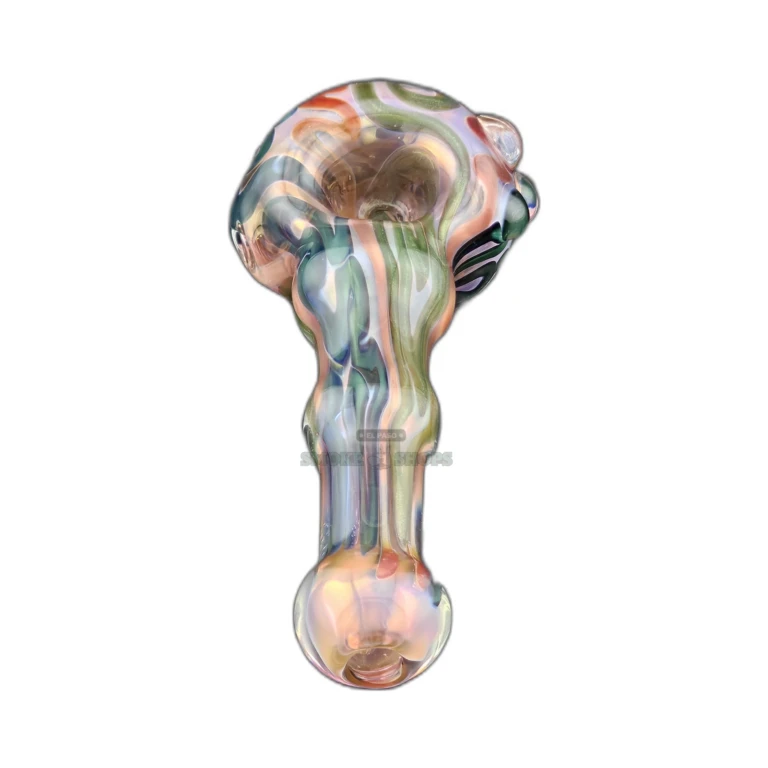 Worked pink glass spoon pipe in El Paso, blue red and green lines with a rounded mouthpiece, same-day pickup