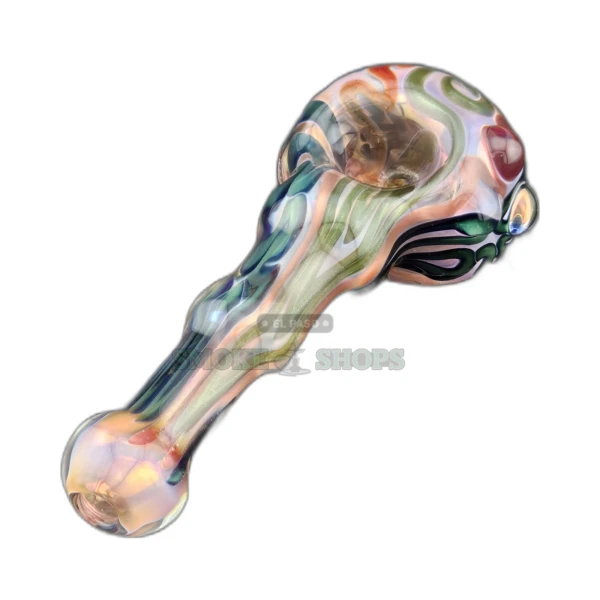 Pink line work glass spoon pipe front view in El Paso, large bowl and left-side carb hole, about 5.1 inches long
