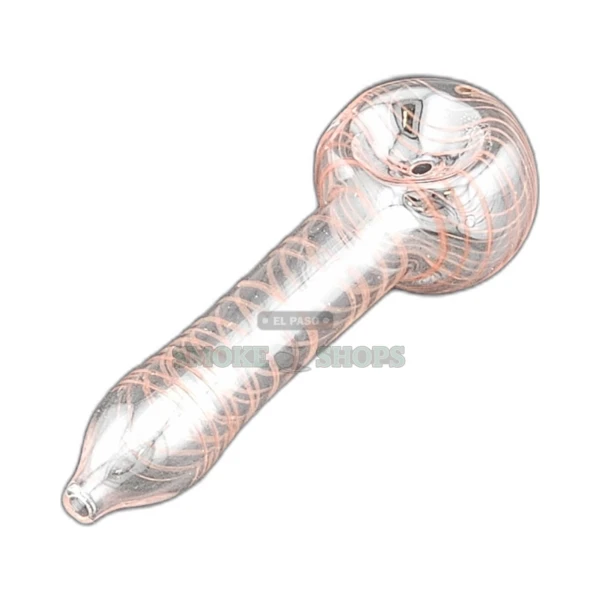 Popcorn VSACHP clear glass spoon pipe front view in El Paso, colored lines and medium bowl, about 75mm long