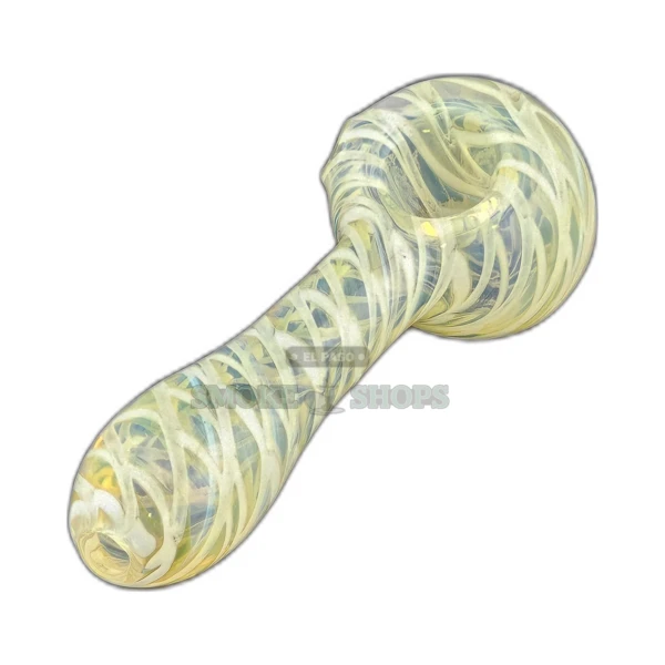 Portal Swirl fumed glass spoon pipe in El Paso, clear glass with white and blue lines and left-side carb hole