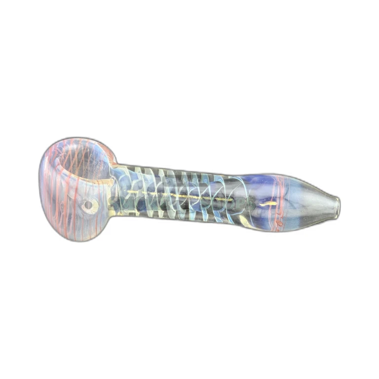 Fumed glass spoon pipe with red and blue lines in El Paso, 3mm left-side carb hole and smooth body, in stock today