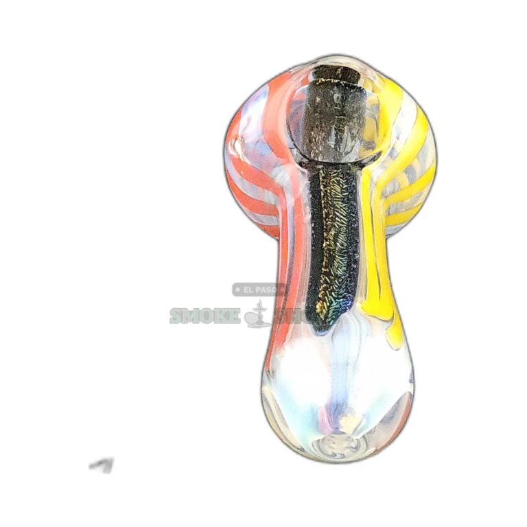 Clear glass spoon pipe with red, yellow, and black lines in El Paso, rounded mouthpiece, same-day in-store pickup