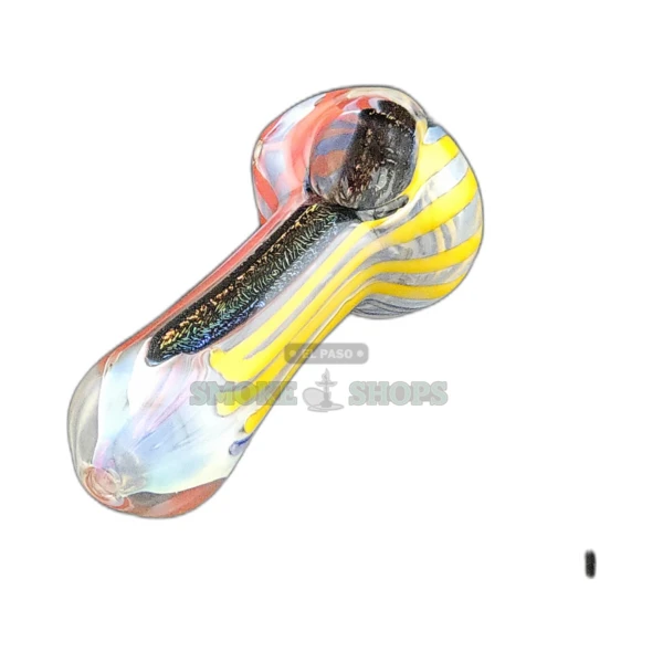 Red, yellow, and black line glass spoon pipe in El Paso, clear worked base with 17mm bowl and left-side carb hole