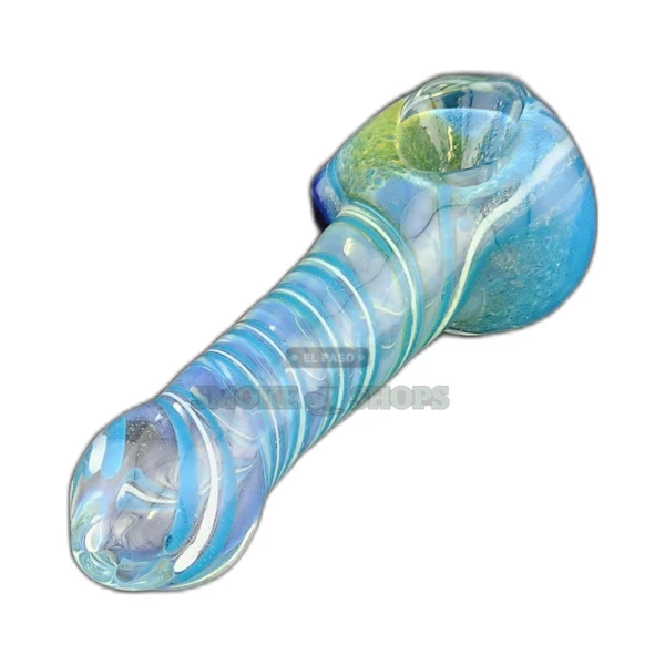 Ribbon Frit glass spoon pipe front view in El Paso, clear body with red, black, and blue swirls, about 6 inches