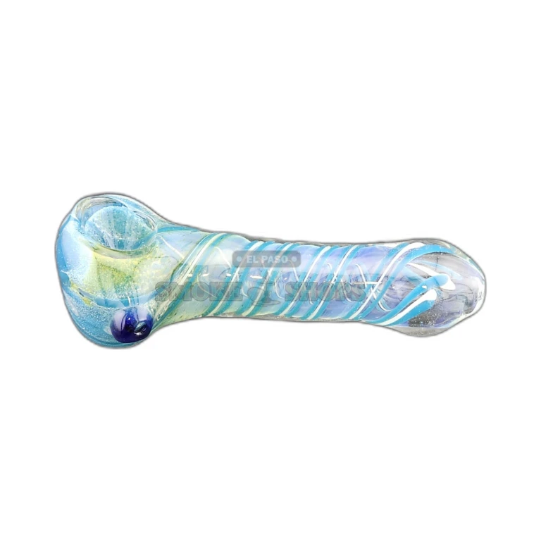 Ribbon Frit glass spoon pipe side view in El Paso, rounded mouthpiece and swirled clear glass, in stock today