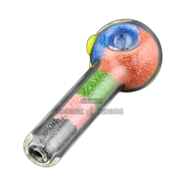 Sand glass spoon pipe front view in El Paso, clear borosilicate body with colored sand fill and back carb hole