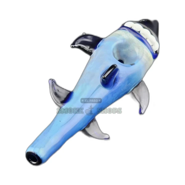 Sharky Boi glass spoon pipe front view in El Paso, blue base with white mouth and eyes, medium bowl and left carb