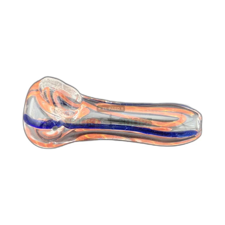 Spider Web glass spoon pipe side view in El Paso, clear base with colored lines and 4mm left carb, in stock today