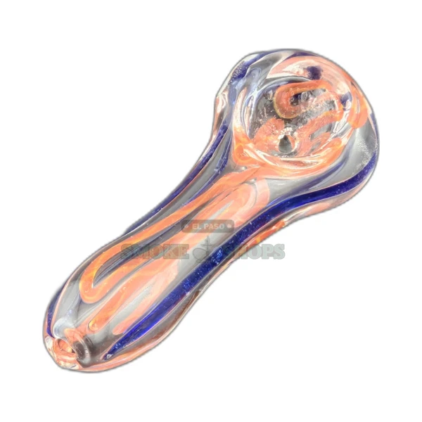 Spider Web glass spoon pipe front view in El Paso, clear base with orange and blue lines, medium bowl and side carb