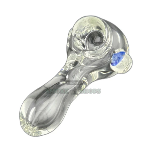 Clear borosilicate glass spoon pipe front view in El Paso, medium bowl and left-side carb hole, about 4 inches