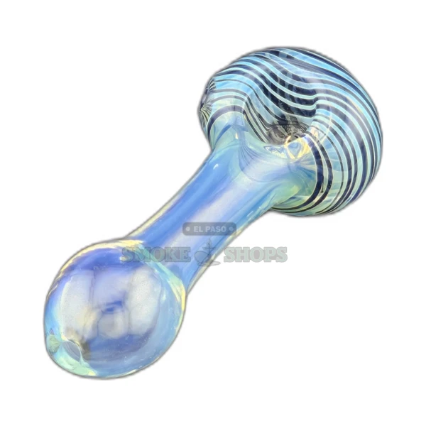 Swirl Tip fumed glass spoon pipe front view in El Paso, clear base with blue and black lines on the head