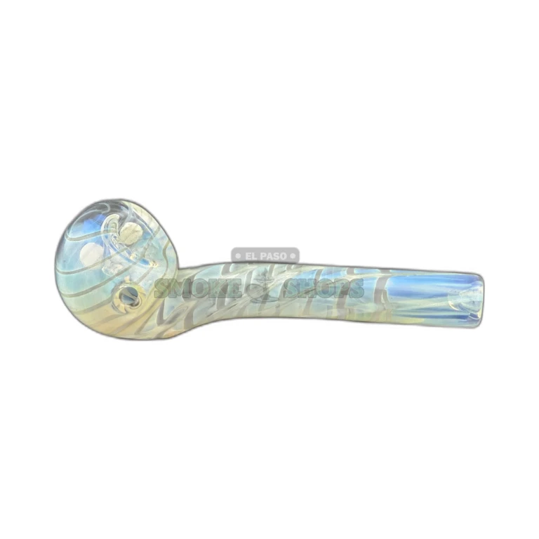 Three Dot glass spoon pipe side view in El Paso, left-side 5mm carb hole and smooth 2mm wall, in stock today