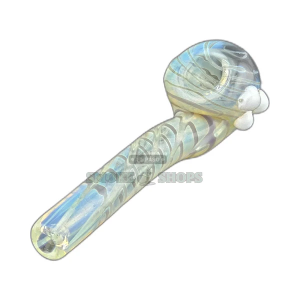 Three Dot fumed glass spoon pipe in El Paso, clear base with tan lines and white dots, small bowl and left carb