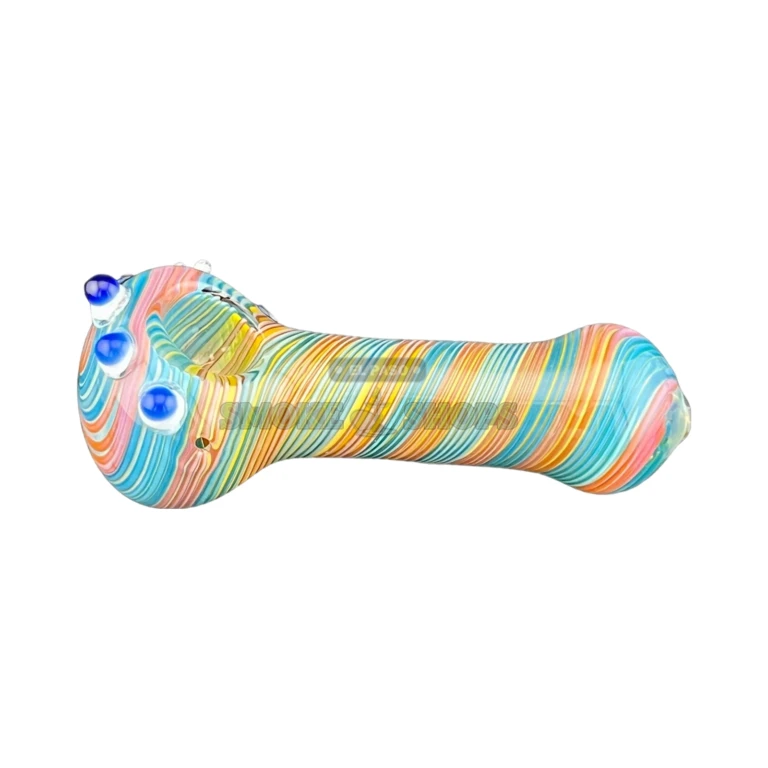 Three Eye Swirl borosilicate glass spoon pipe in El Paso, left-side carb hole and rounded mouthpiece, same-day pickup
