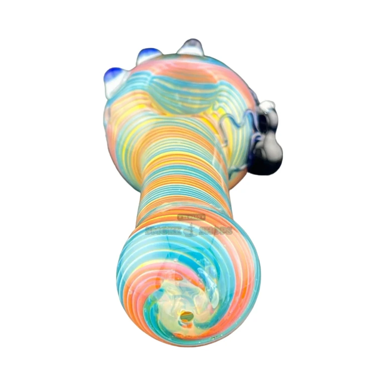 Three Eye Swirl worked glass spoon hand pipe in El Paso, medium bowl and blue bug accent, in stock today