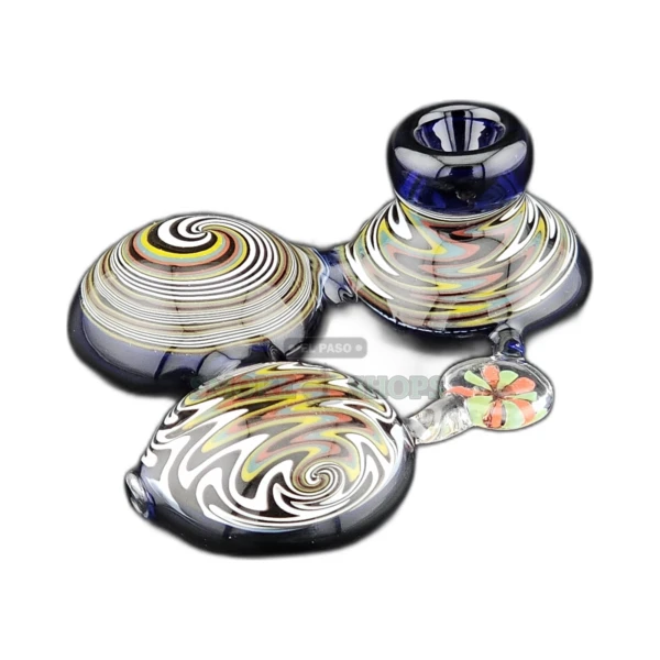 Triple Trippy Grateful worked glass spoon pipe front view in El Paso, wide flat body with left-side carb hole