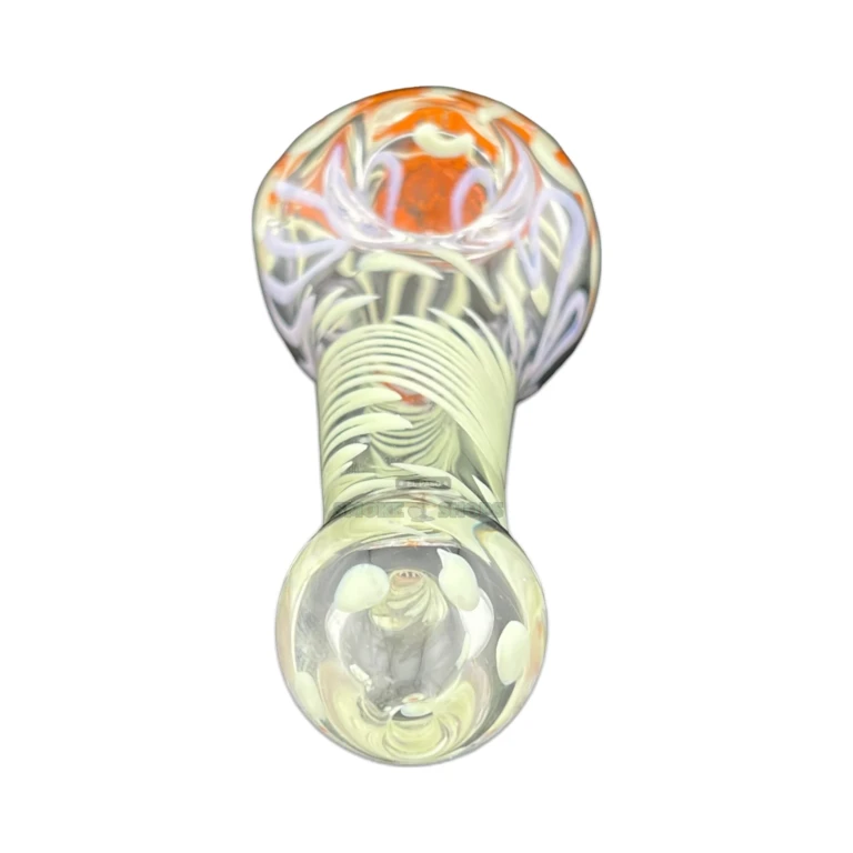Trippy Pastel glass spoon hand pipe side view in El Paso, left-side 3mm carb hole and 4mm wall, in stock today