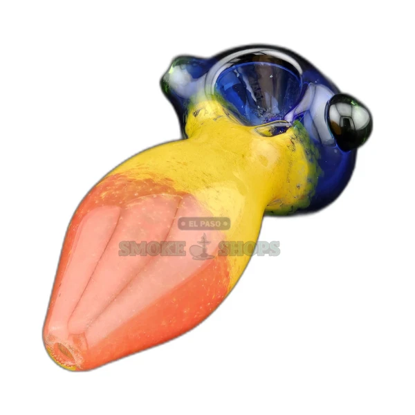 Tucan Fruit Loop glass spoon pipe in El Paso, red and yellow stem with green and blue head, small bowl and left carb